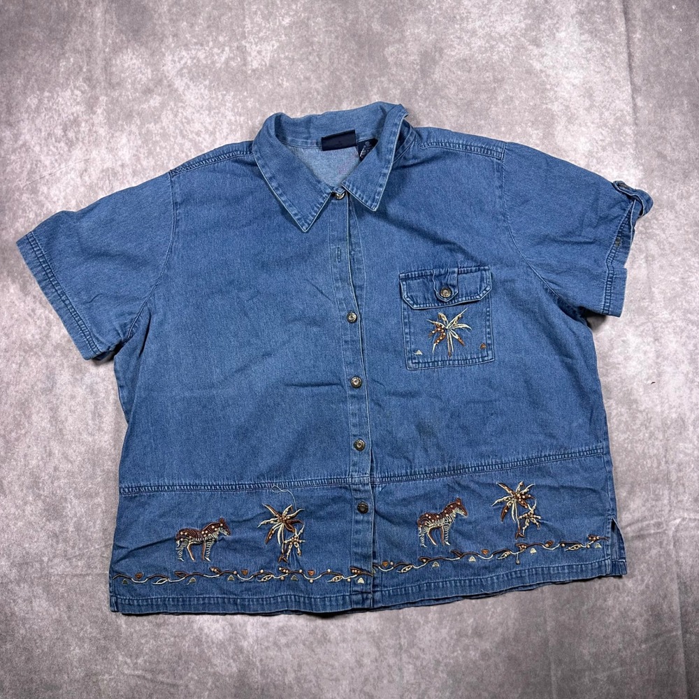 Jane Ashley 1X Blue Denim Safari Zebra Palm Tree Embroidered Cottagecore Top